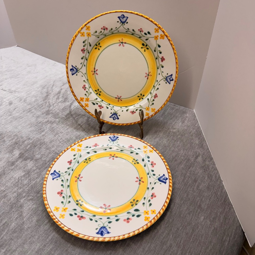 Nazari Portugal Algarve Hand Painted Floral  Plates Set of 2 Blue Yellow 8.25"